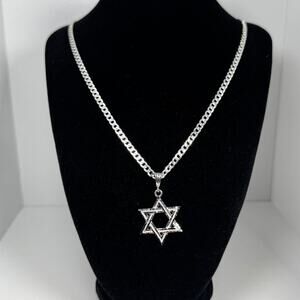 925 Sterling Silver Star of David Pendant Necklace 24 Inch Curb Chain Italy